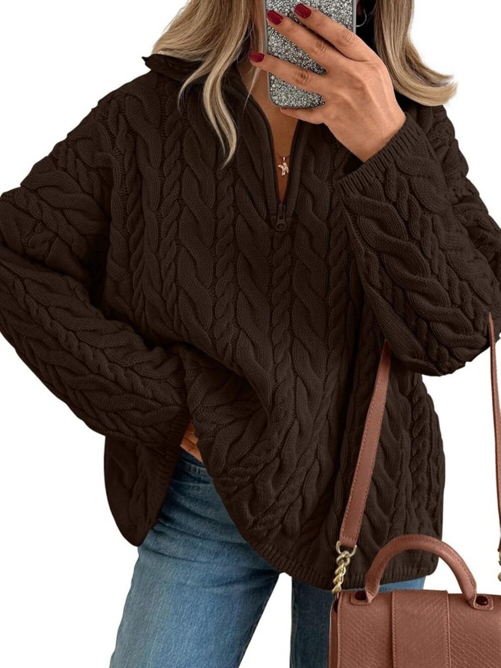 Chic Oversized Chunky Cable Knit Quarter Zip Pullover Sweater for Women